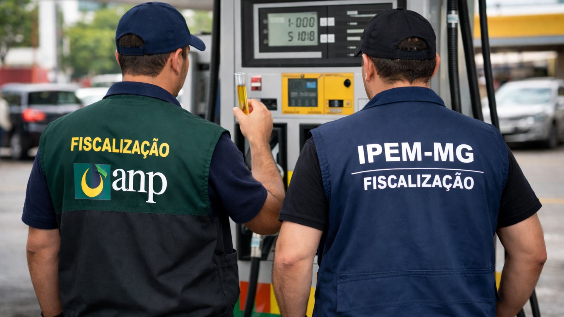 Fiscais da ANP e do IPEM-MG realizam fiscalização em bomba de combustível durante operação conjunta em postos de Uberaba