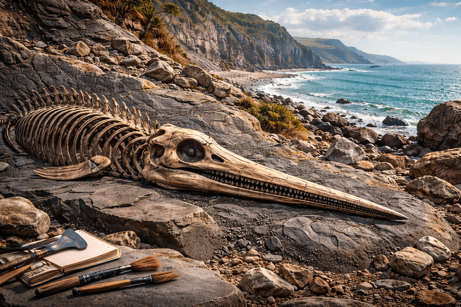 Fóssil de ictiossauro com focinho em forma de espada exposto em praia rochosa de Dorset, no Reino Unido, ilustrando descoberta de réptil marinho pré-histórico.