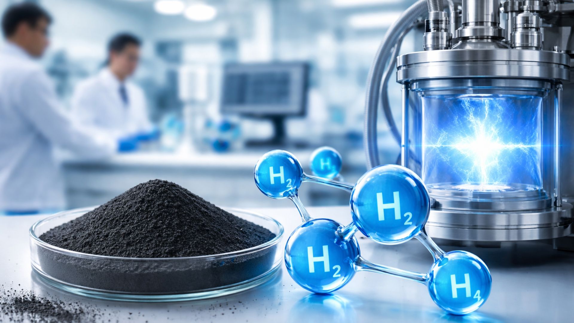 Ilustração realista de laboratório com cientistas desfocados ao fundo e, em destaque, pó de grafeno em recipiente de vidro, moléculas de hidrogênio e reator tecnológico emitindo luz azul.