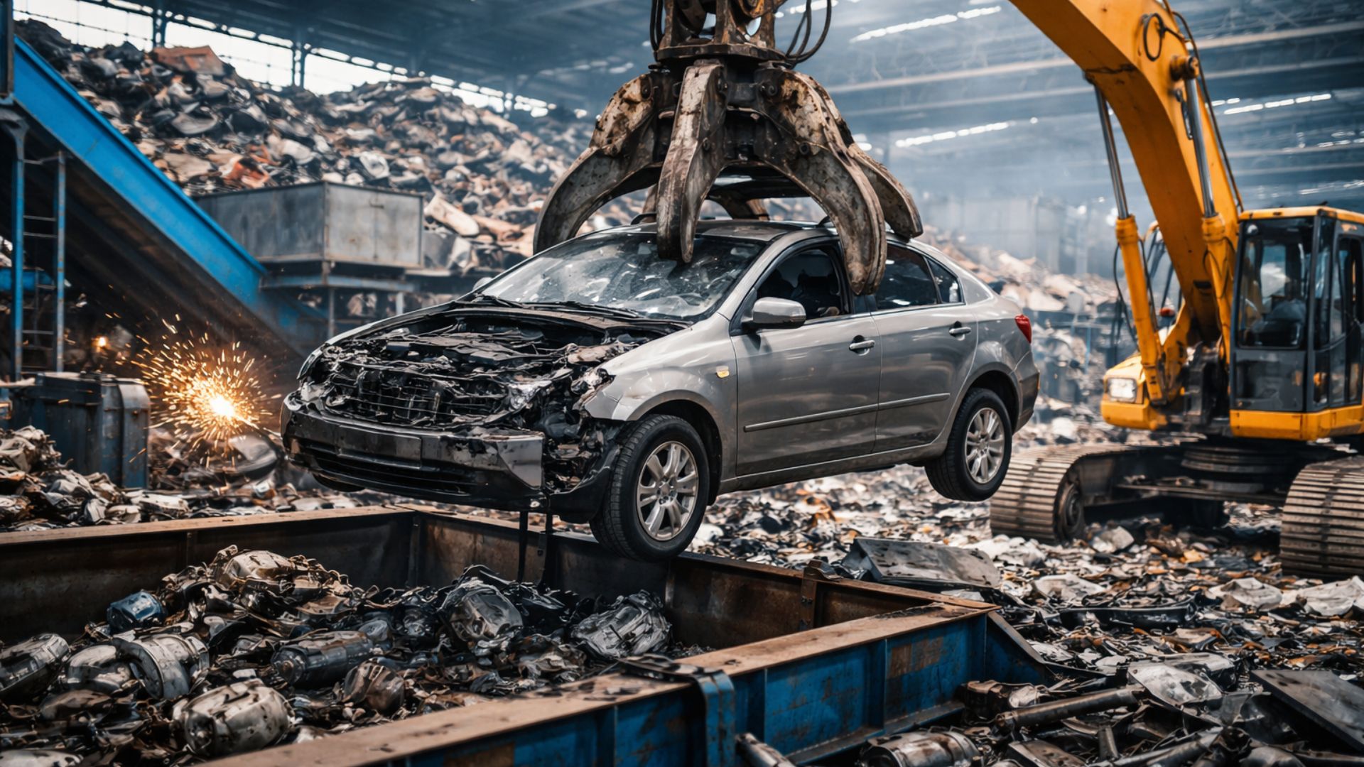 Veículo sendo reciclado em instalação industrial enquanto máquina com garra hidráulica movimenta carro sobre área de sucata metálica.