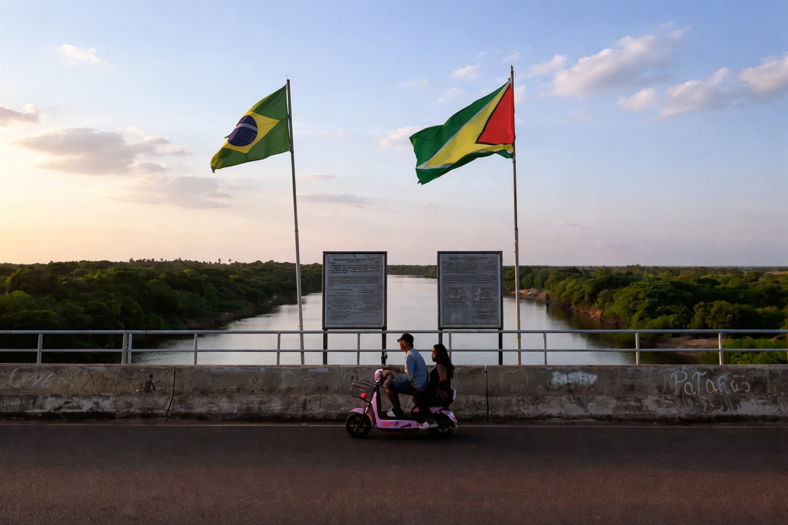 Casal em scooter atravessando ponte sobre rio, com bandeiras do Brasil e da Guiana e céu com poucas nuvens ao entardecer.