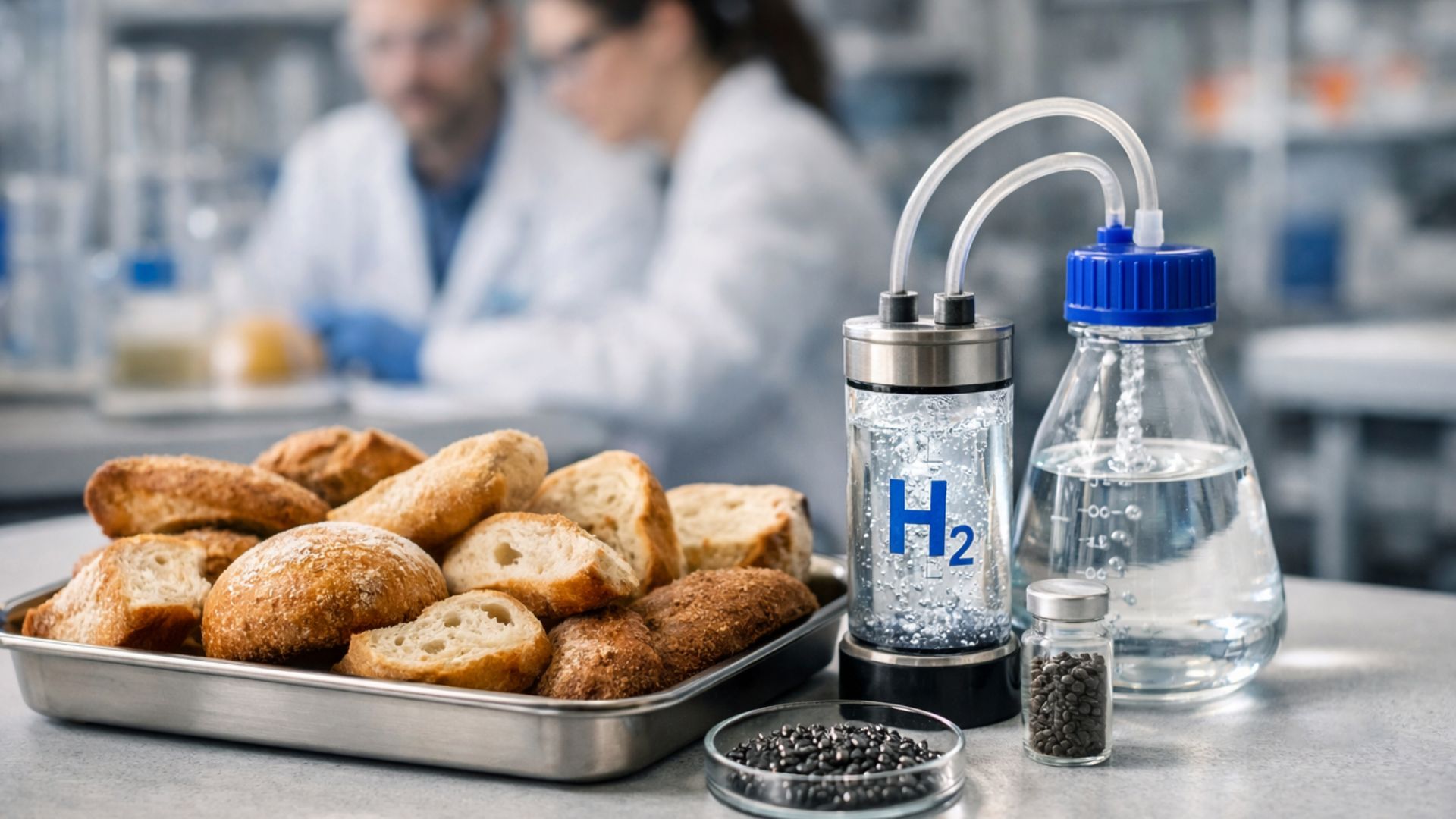 Cientistas em laboratório produzem hidrogênio a partir de pão velho em experimento com bactérias e equipamentos científicos.