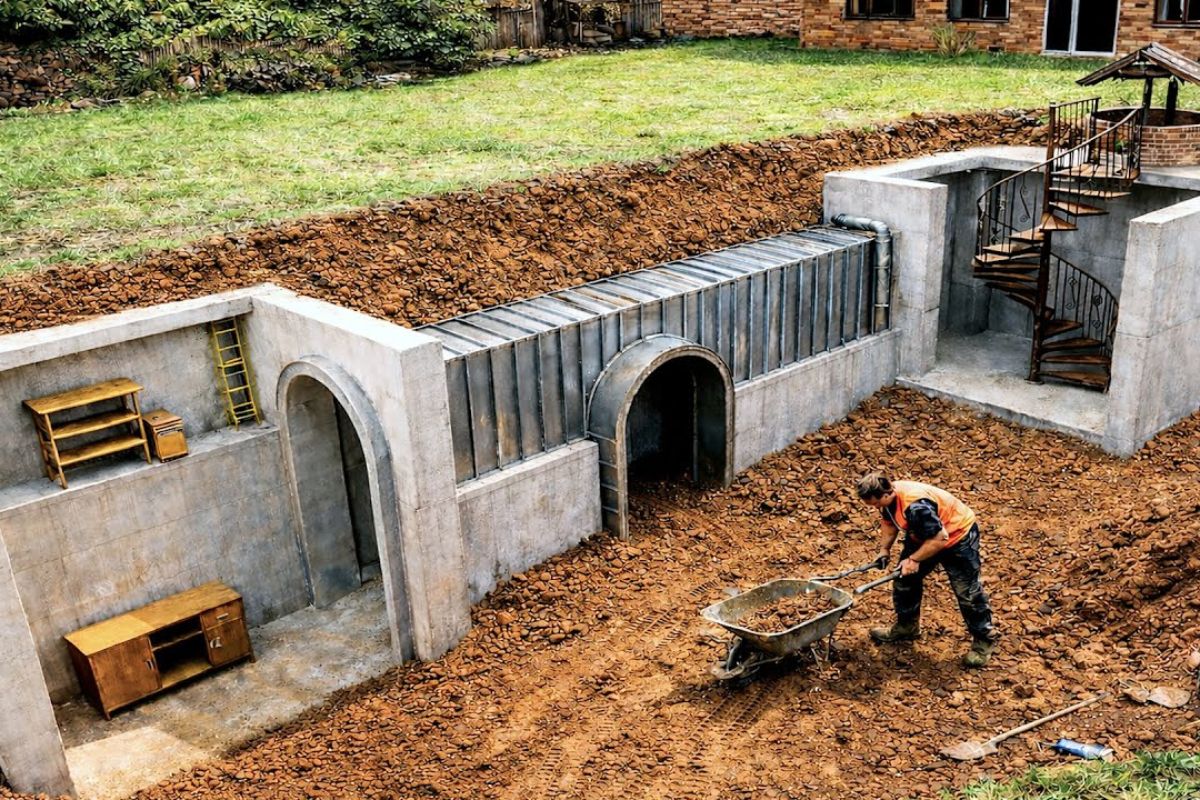 bunker subterrâneo no quintal volta a ser escavado após 11 anos, com aço, trilhos, bomba e água no centro do risco técnico, da logística subterrânea e da saída por escotilha rumo à superfície.