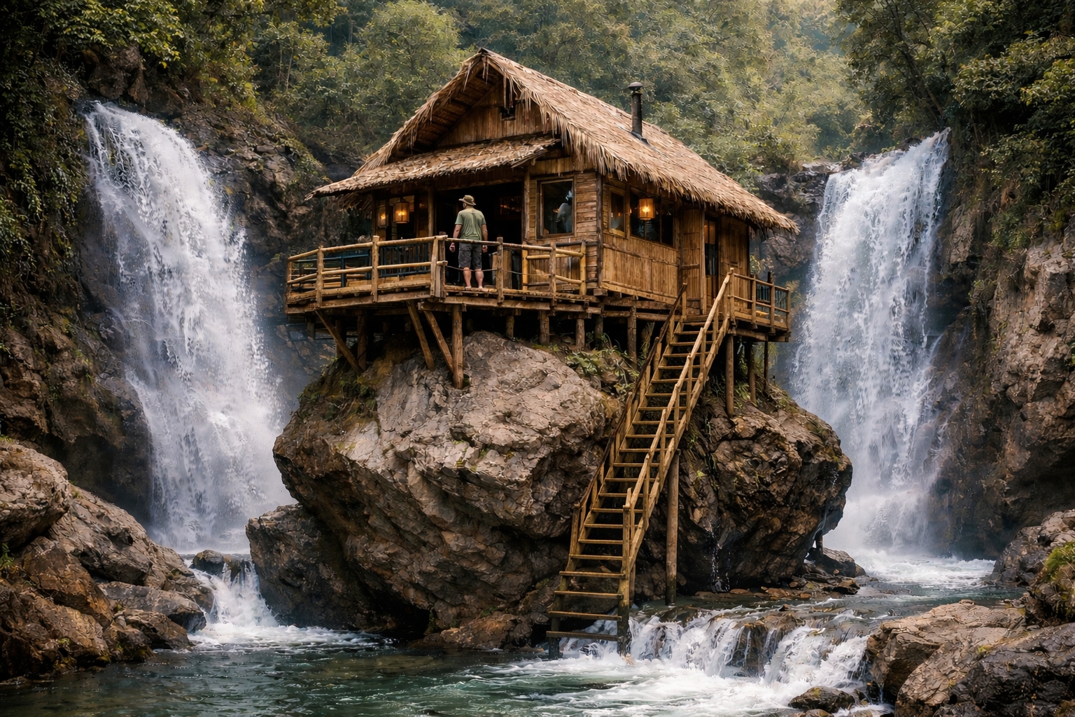 Construção de casa sobre rocha no meio de duas cachoeiras surpreende, aproveita água corrente, utiliza madeira, bambu e vence o barranco com construção elevada e você pode aprender o passo