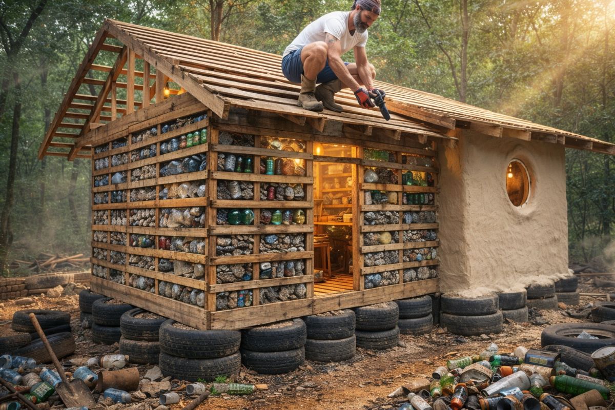 Homem constrói casa sozinho, só com pallets, pneus, garrafas e lixo reaproveitado, ergue cabana rústica estranha porém funcional, cria lar, terapia e obra de arte (2)