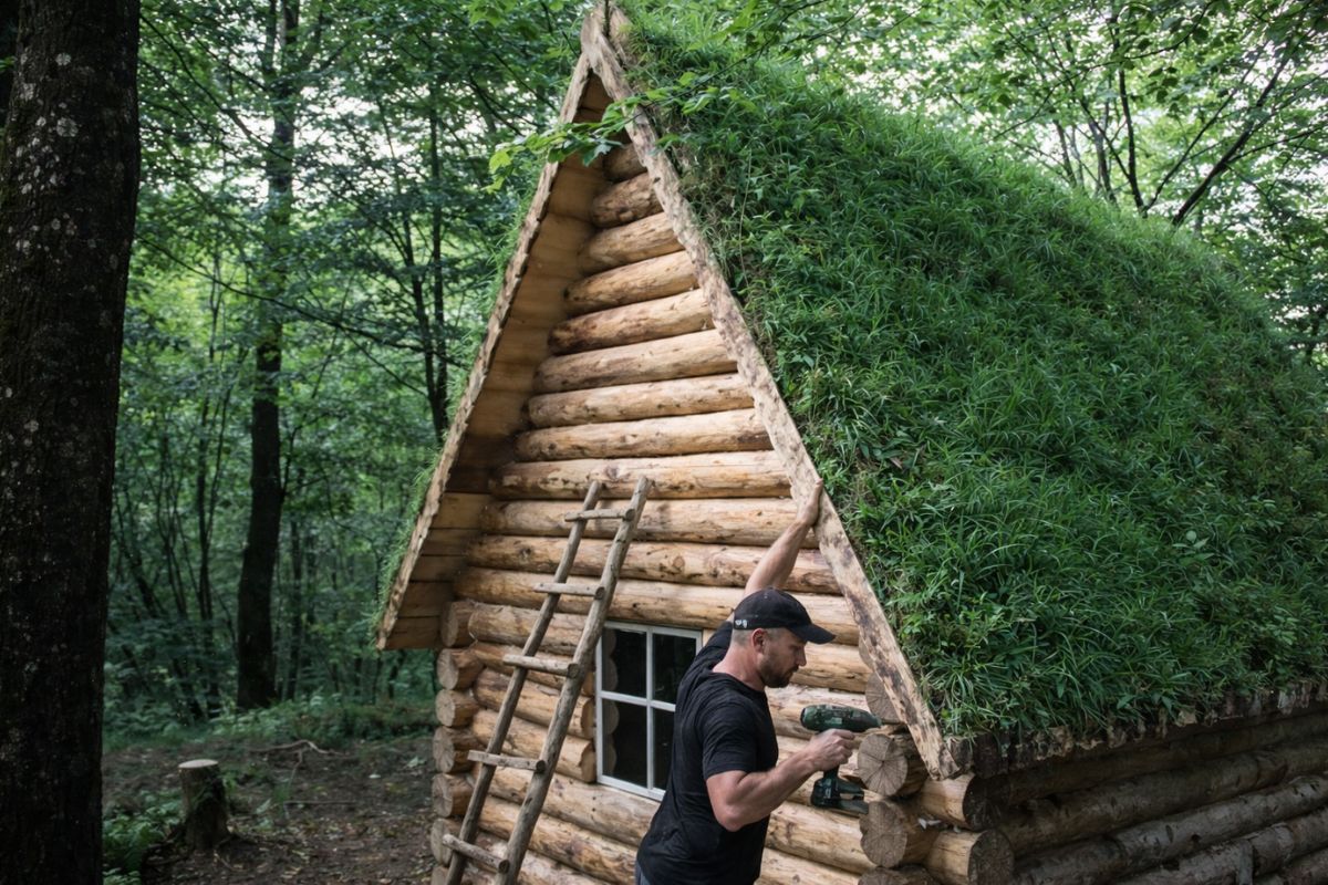 Homem constrói sozinho casa de madeira com telhado de terra, pátio de pedra e móveis feitos à mão, cria lar ecológico que fica confortável no calor e protegido ano inteiro (1)