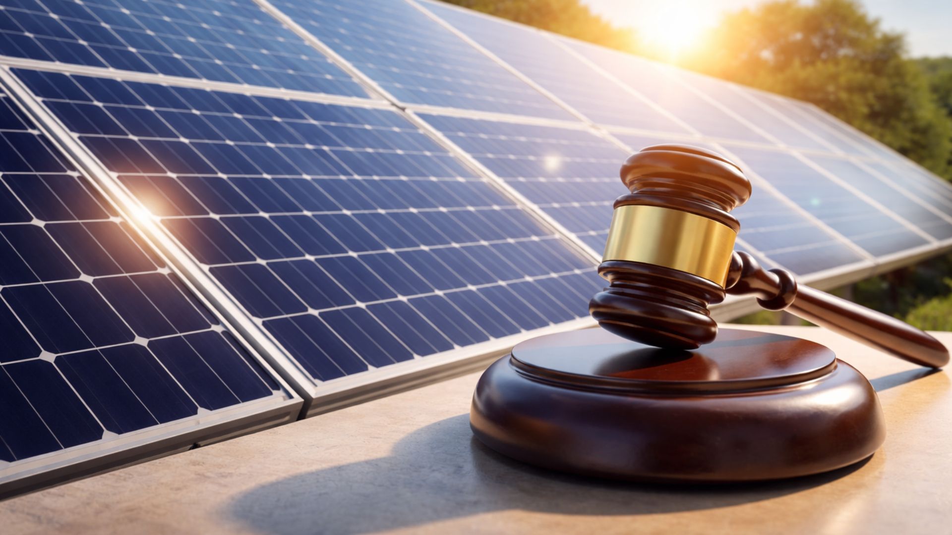 Painéis solares ao ar livre com martelo da justiça em primeiro plano simbolizando decisão judicial sobre energia solar e tributação.