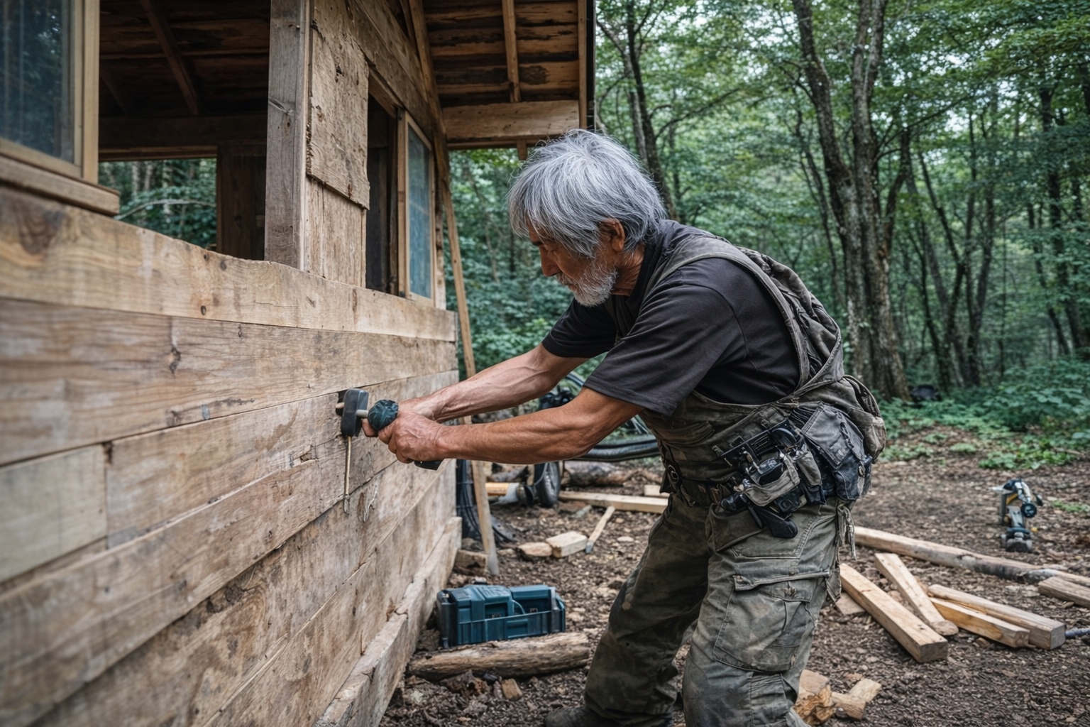 idoso - construção - cabana - casa - madeira