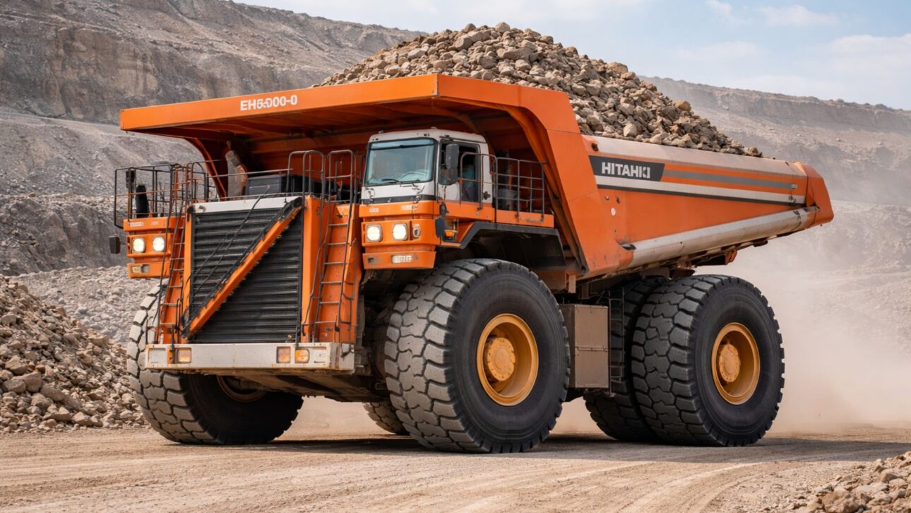 Camión Hitachi EH5000 impresiona con ruedas de casi 4 metros y más de 400 toneladas en operación, actuando como gigante de la minería a cielo abierto.