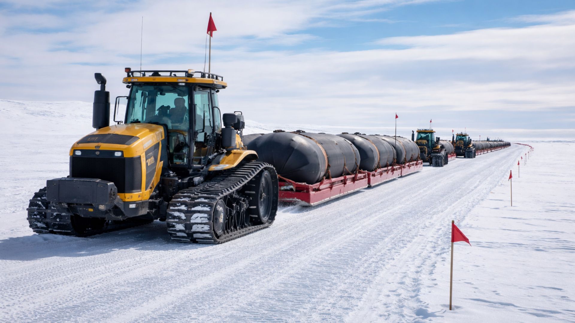 Tratores cruzam 1.030 milhas na Antártica puxando trens de combustível por até 40 dias para abastecer o Polo Sul e manter a ciência ativa no inverno polar.