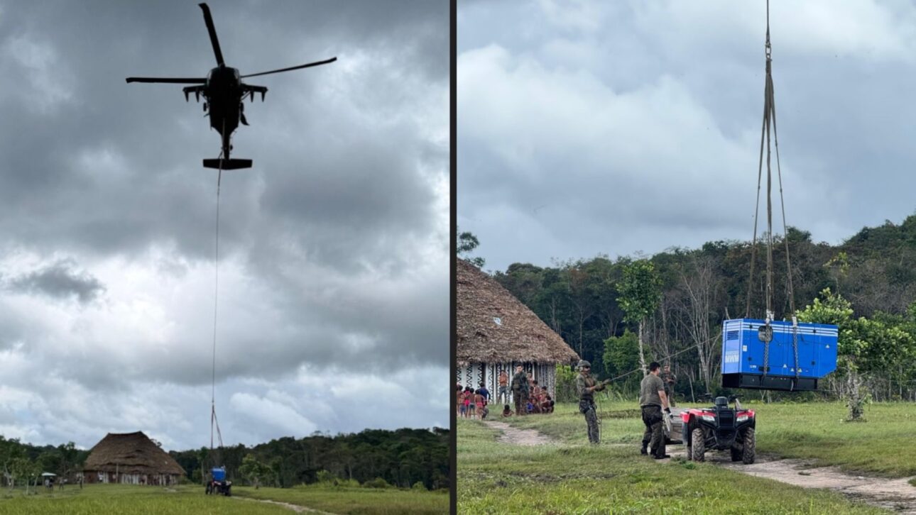 Helicóptero Black Hawk transporta gerador de 830 kg suspenso por 228 km na Amazônia, atuando como guindaste aéreo em área isolada da Terra Yanomami.