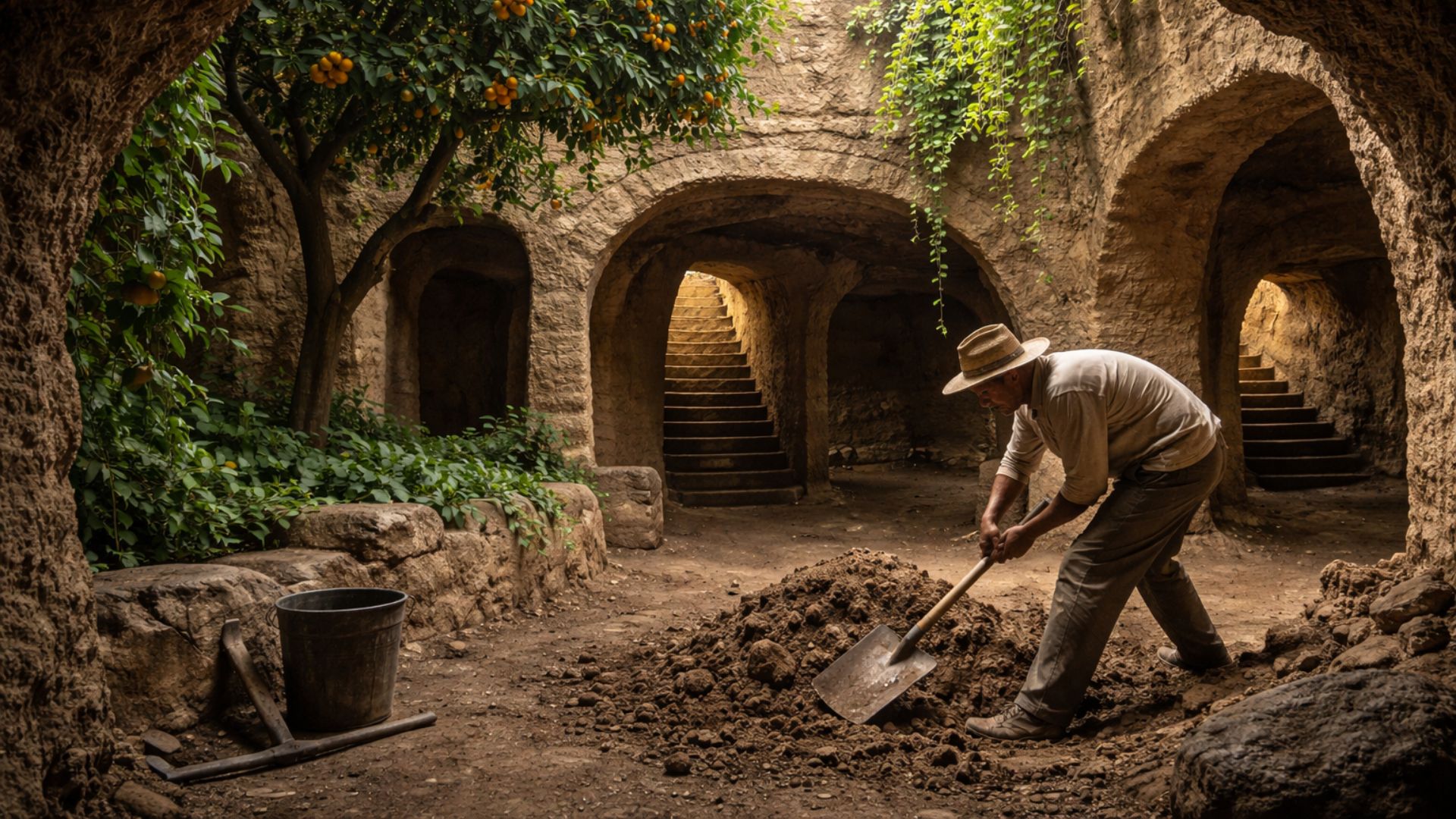 Imigrante escava 65 salas subterrâneas por 40 anos na Califórnia, cria pomares e jardins ocultos e transforma terreno em patrimônio histórico.