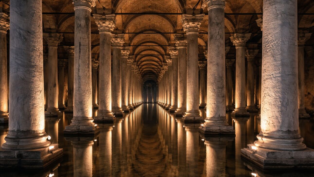 Cisterna da Basílica, em Istambul, guarda 336 colunas e 80 mil m³ de água, revelando a engenharia bizantina oculta sob a cidade.