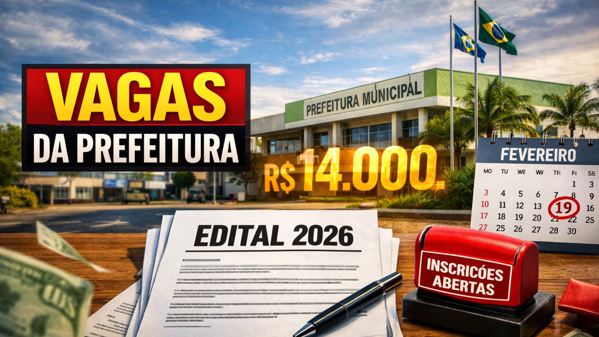 Prefeitura de Juscimeira abre processo seletivo 2026 com salários de até R$ 14 mil. Inscrições até 19 de fevereiro e provas em março.