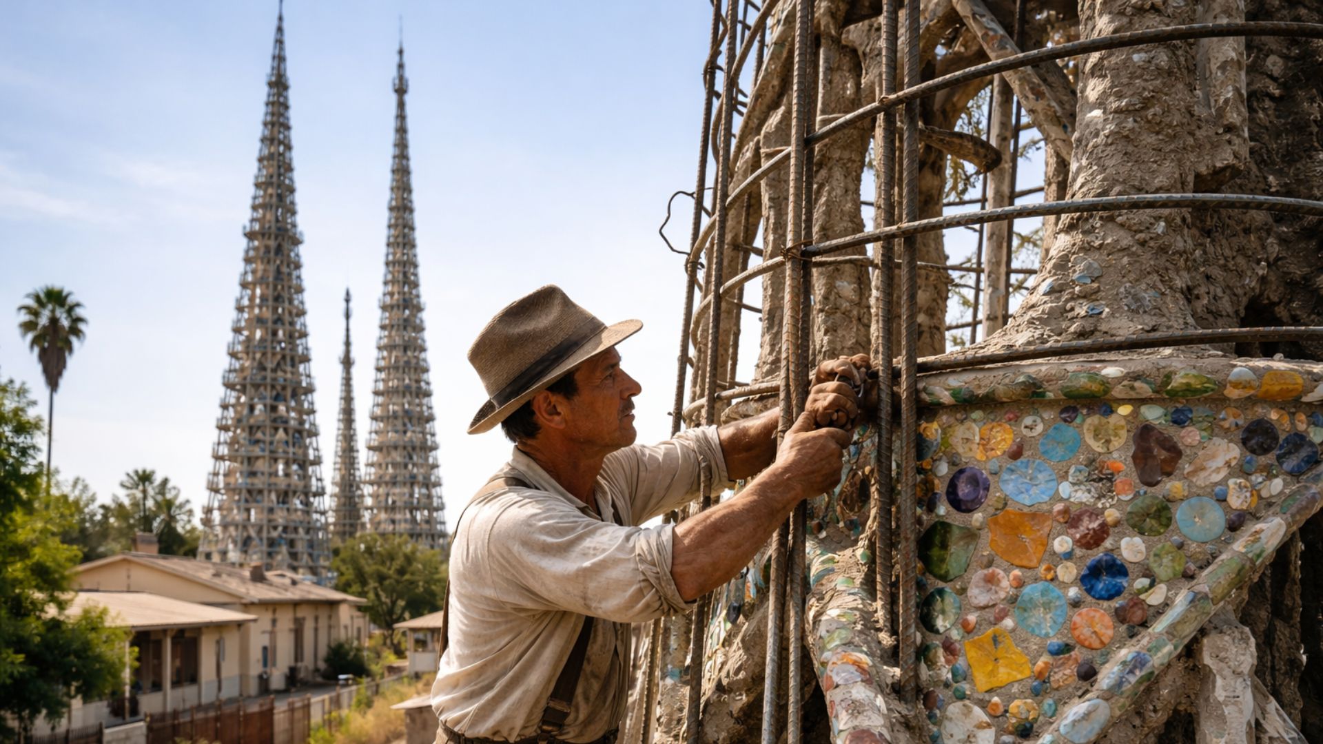 Imigrante ergue 17 torres de quase 30 metros em Los Angeles, cobre com mosaicos e transforma obra em patrimônio histórico nos EUA.