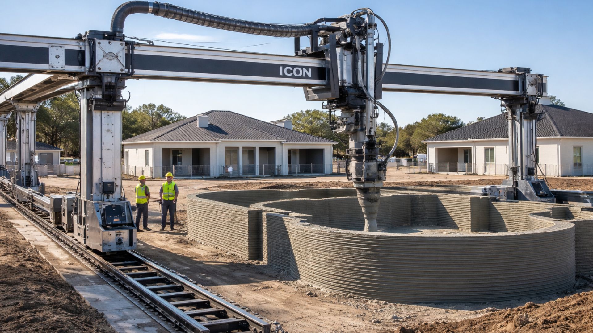 Bairro no Texas usa impressoras 3D gigantes para erguer casas com concreto especial, reduzir resíduos e acelerar a construção civil.