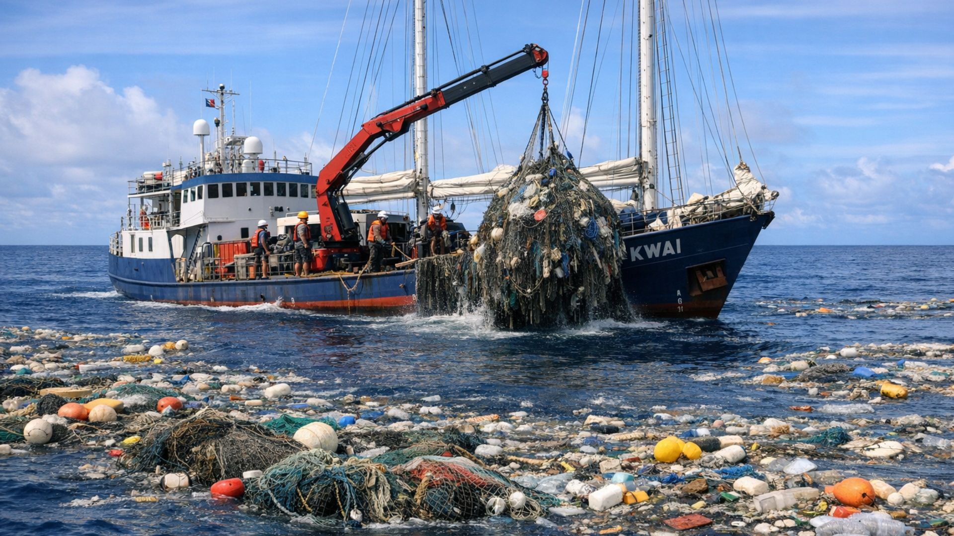 Navio KWAI retorna com 96 toneladas de lixo do Giro do Pacífico Norte após 45 dias no mar e soma 692 mil libras retiradas do oceano.