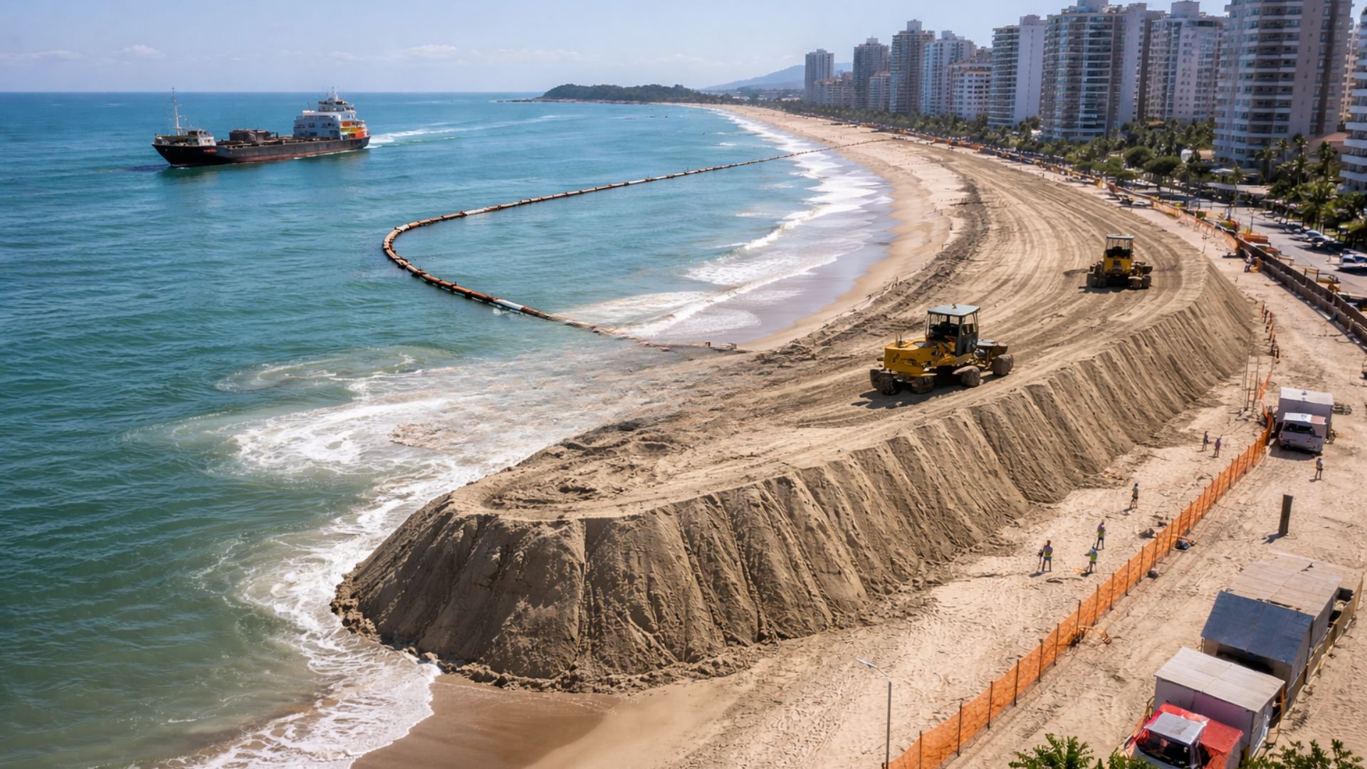 Balneário Piçarras investe mais de R$ 40 milhões para ampliar a Praia Central com 379 mil m³ de areia e draga 24h em operação.