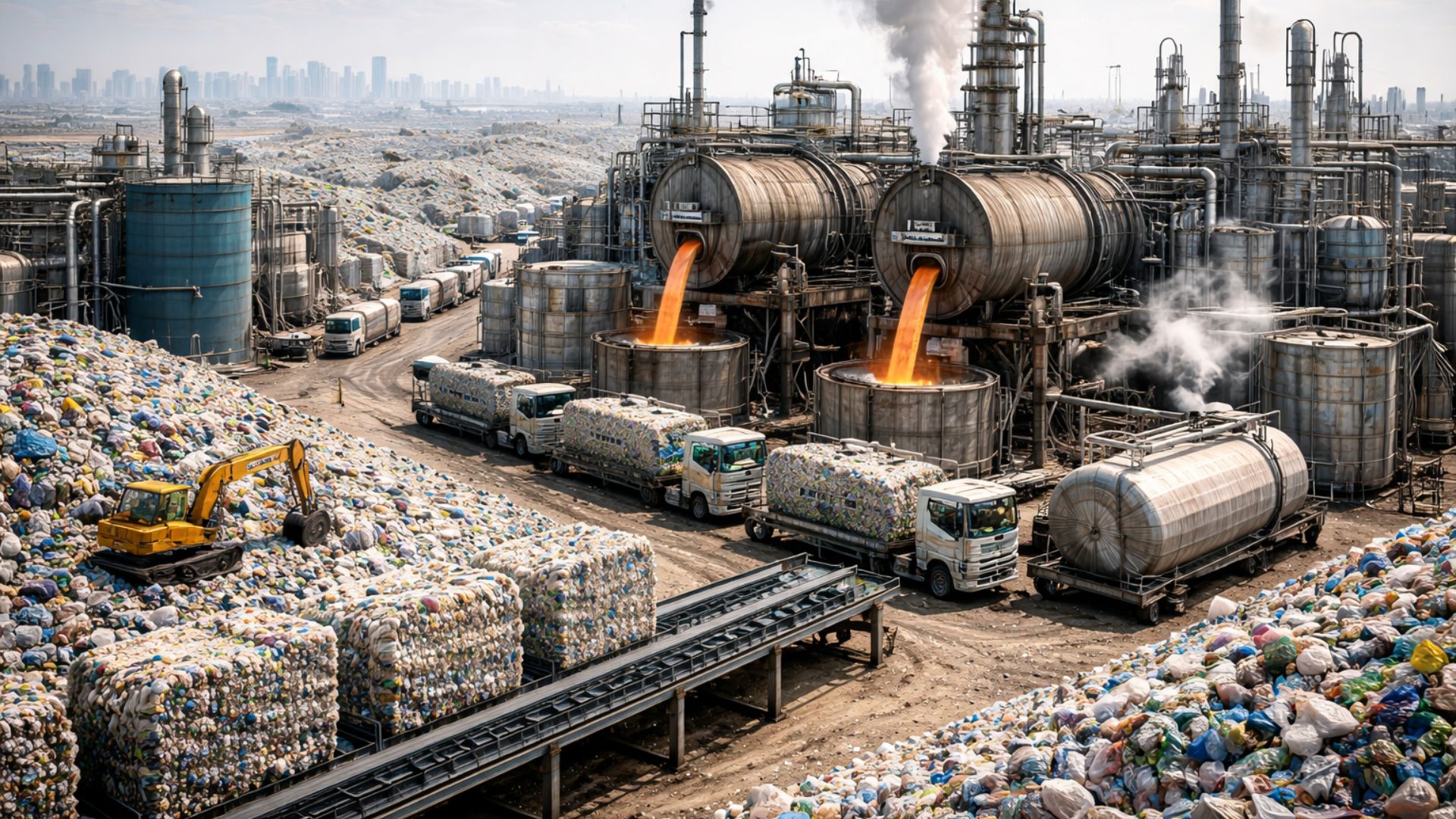 Usinas transformam plástico em combustível e asfalto por pirólise a 1000°F, sem oxigênio, operando 24h e levantando debate ambiental.