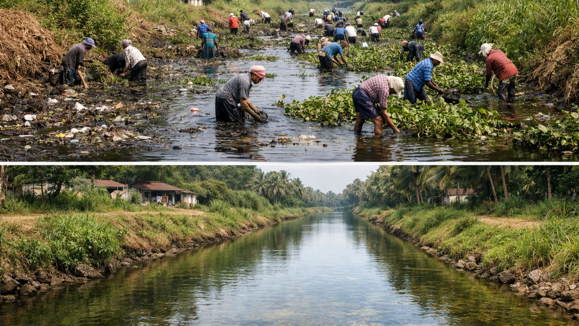 Moradores em Kerala mobilizam 700 pessoas por 70 dias para limpar canal de 12 km, recuperar fluxo de água, elevar nível de poços e trazer peixes de volta.