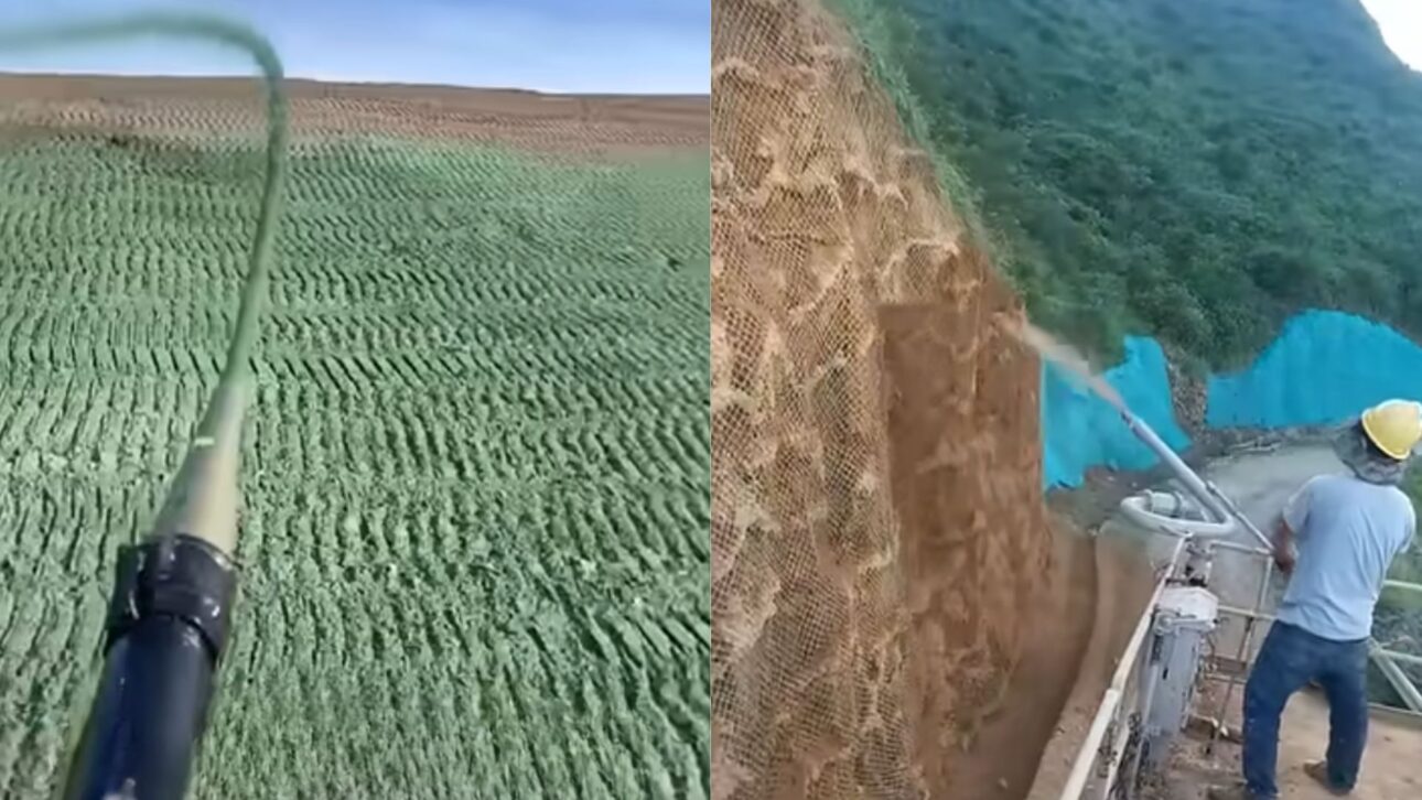 Técnica de hidrossemeadura usa mezcla presurizada de semillas para recuperar laderas áridas y reducir erosión en hasta dos semanas.