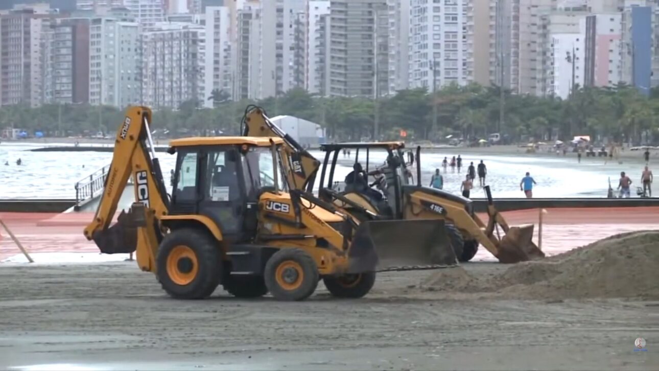 Barrera con 49 geobags en la Ponta da Praia intenta contener erosión en Santos e integra estudio de R$ 1,1 millón ligado a dragado del puerto.