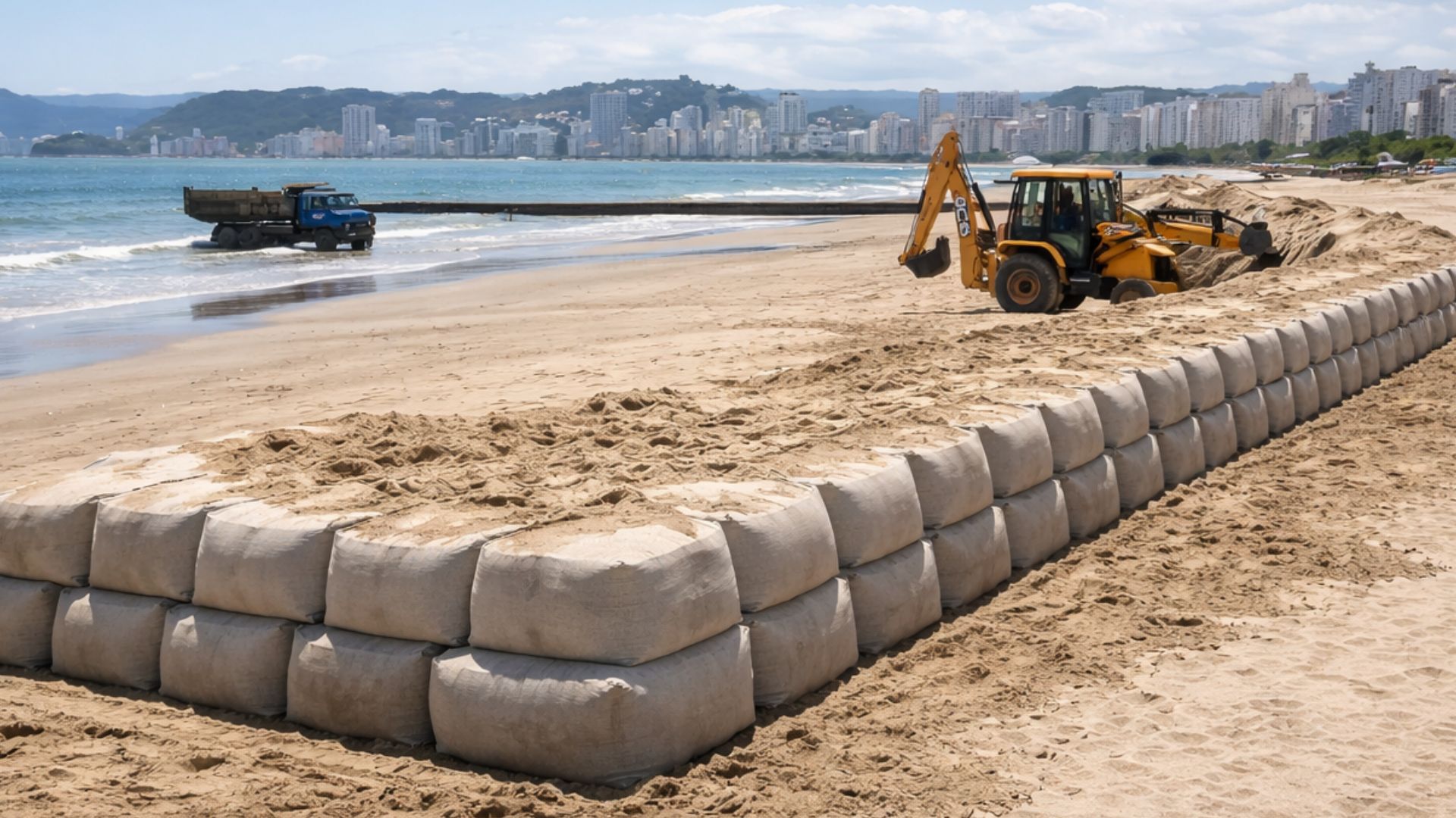 Barreira com 49 geobags na Ponta da Praia tenta conter erosão em Santos e integra estudo de R$ 1,1 milhão ligado à dragagem do porto.