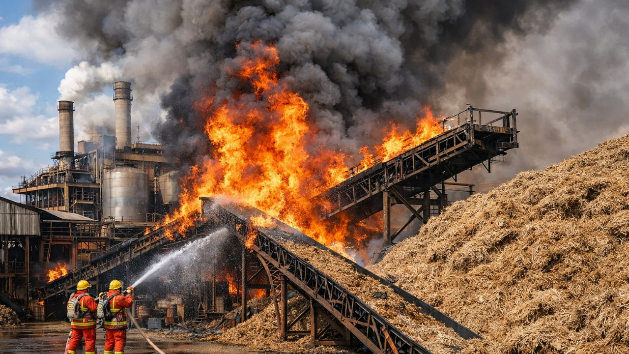 Um incêndio na usina atinge Usina Atvos em Nova Alvorada, alcança bagaço de cana e é controlado sem feridos.