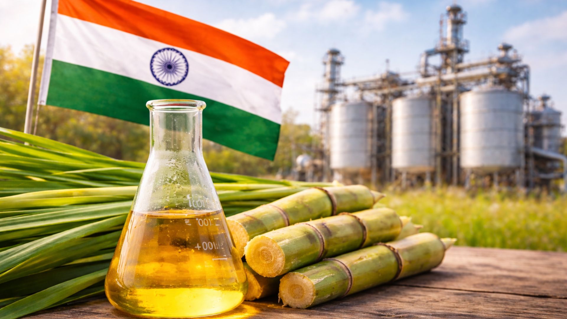 Frasco erlenmeyer com etanol dourado ao lado de cana-de-açúcar, com bandeira da Índia nítida ao fundo e usina de etanol desfocada representando expansão do biocombustível em Uttar Pradesh.