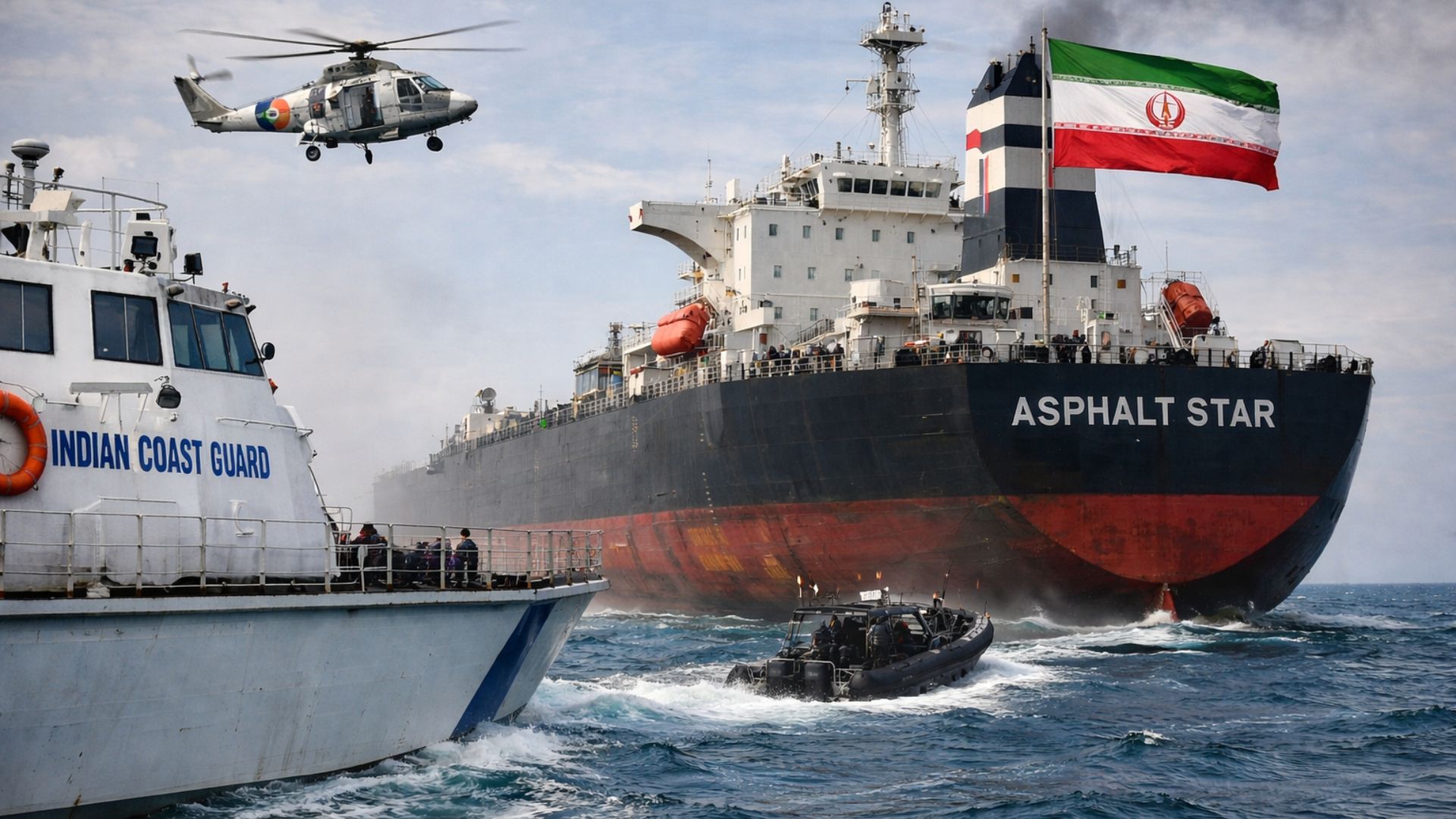 Navio da Guarda Costeira da Índia intercepta grande petroleiro em alto-mar durante operação de vigilância marítima contra transporte irregular de petróleo.