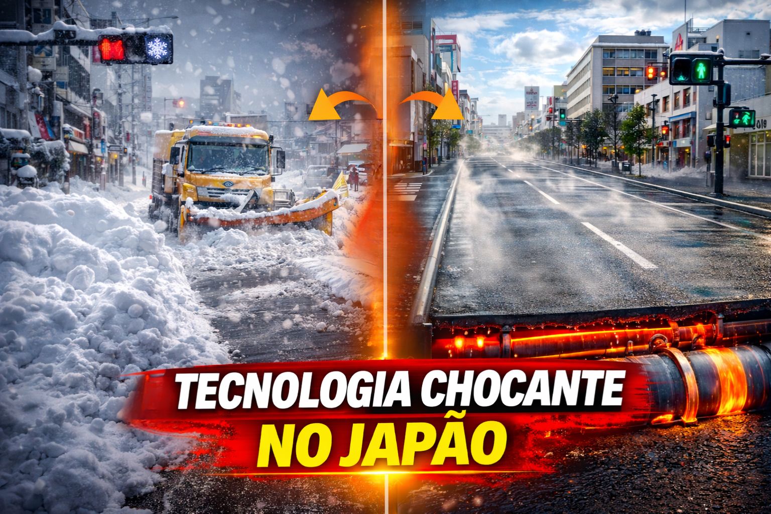No inverno japonês, quilômetros de tubulações sob o asfalto circulam água morna geotérmica para impedir o acúmulo de neve, criando cidades que quase não dependem de tratores de remoção