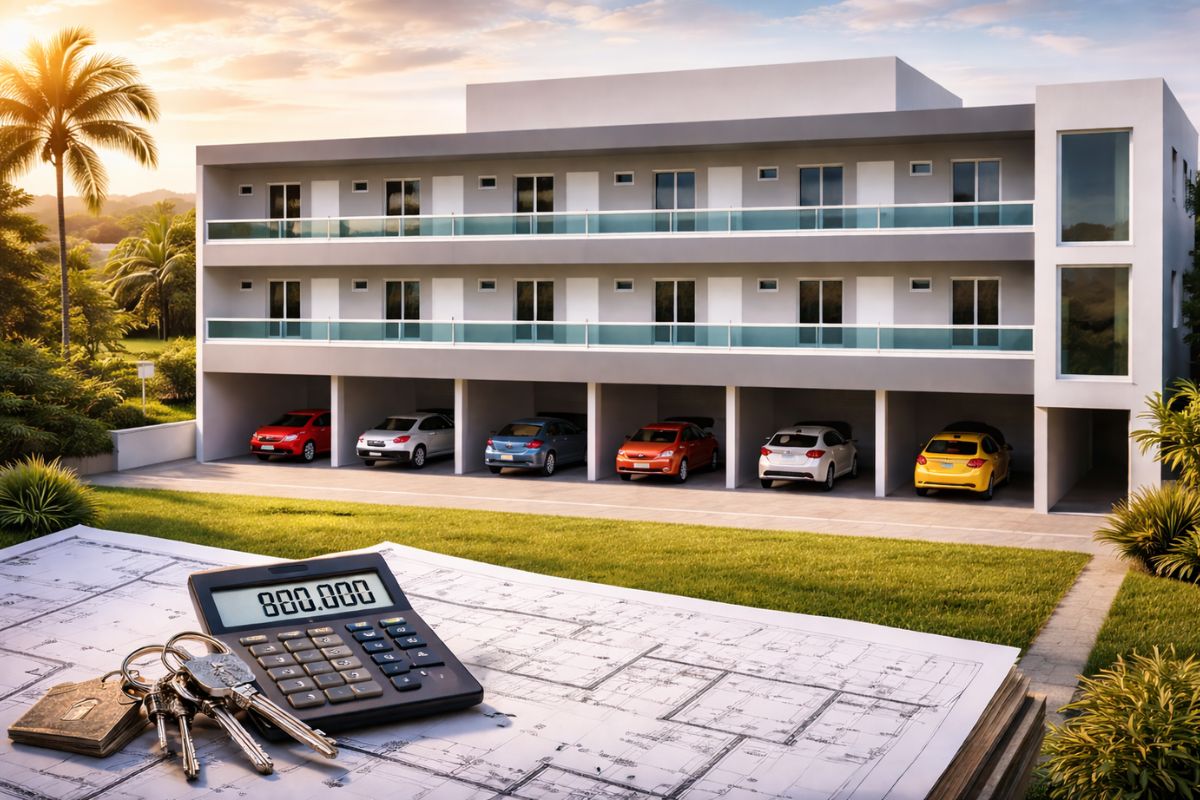 Projeto de kitnets com renda de 10 mil por mês em 14 unidades, custo estimado e locação como base para avaliar retorno e venda.