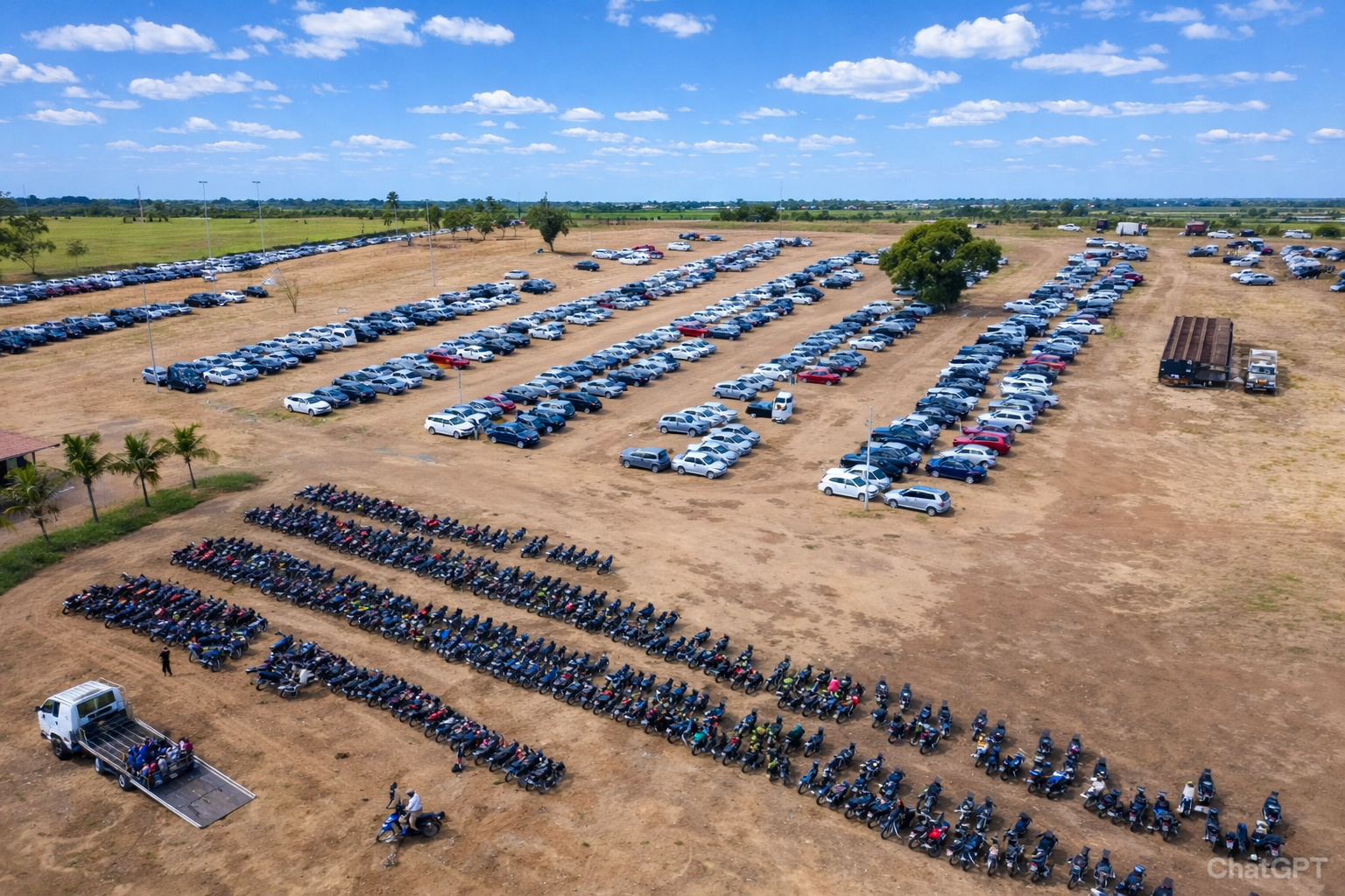 Vista aérea de um grande estacionamento ao ar livre com filas organizadas de carros e motocicletas sob céu azul ao meio-dia.