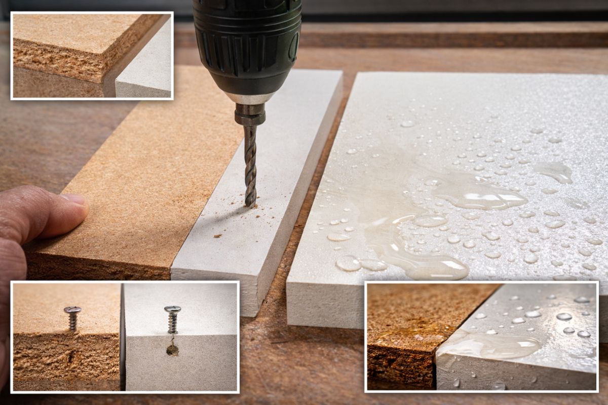 Teste prático compara PVB e MDF em corte, furação e montagem, analisando acabamento, resistência ao parafuso e desempenho em uso real de marcenaria.