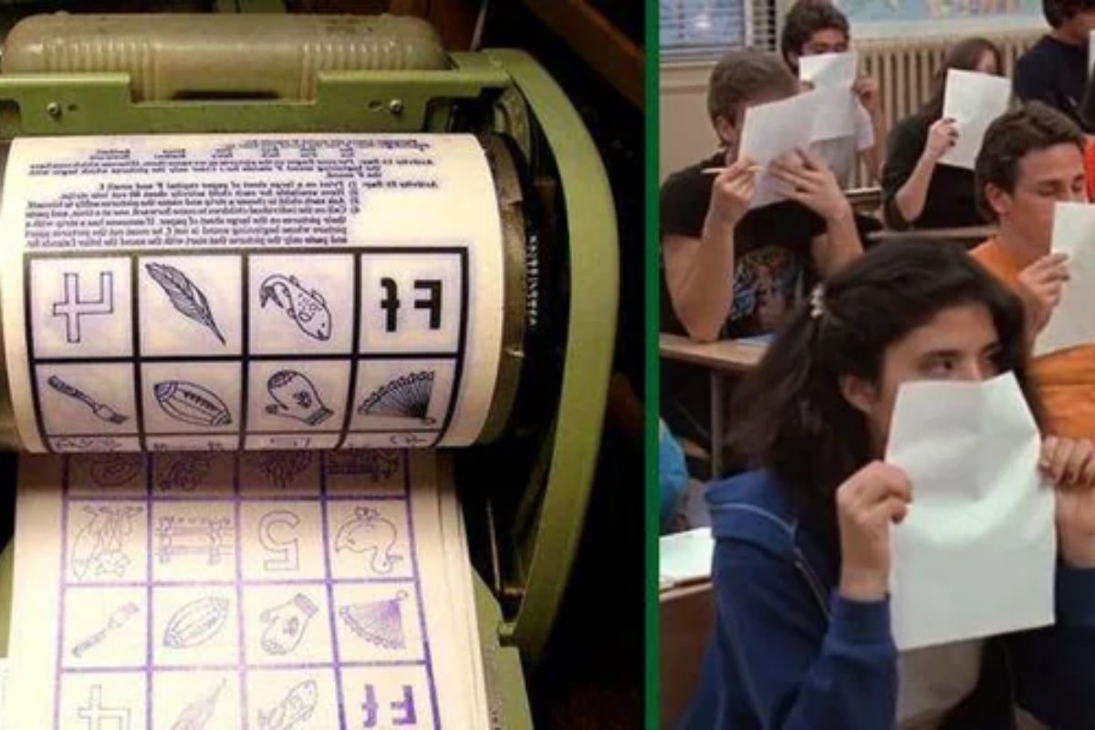 materiais escolares como caderno de caligrafia e lápis azul voltam com quadro de giz e estojo de lata na memória de quem estudou antigamente.