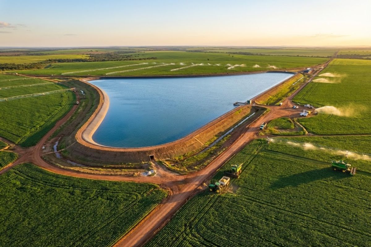 Mega reservatório em Uruçuí no Piauí usa geomembrana de PEAD para irrigação contínua e múltiplas safras com segurança hídrica.