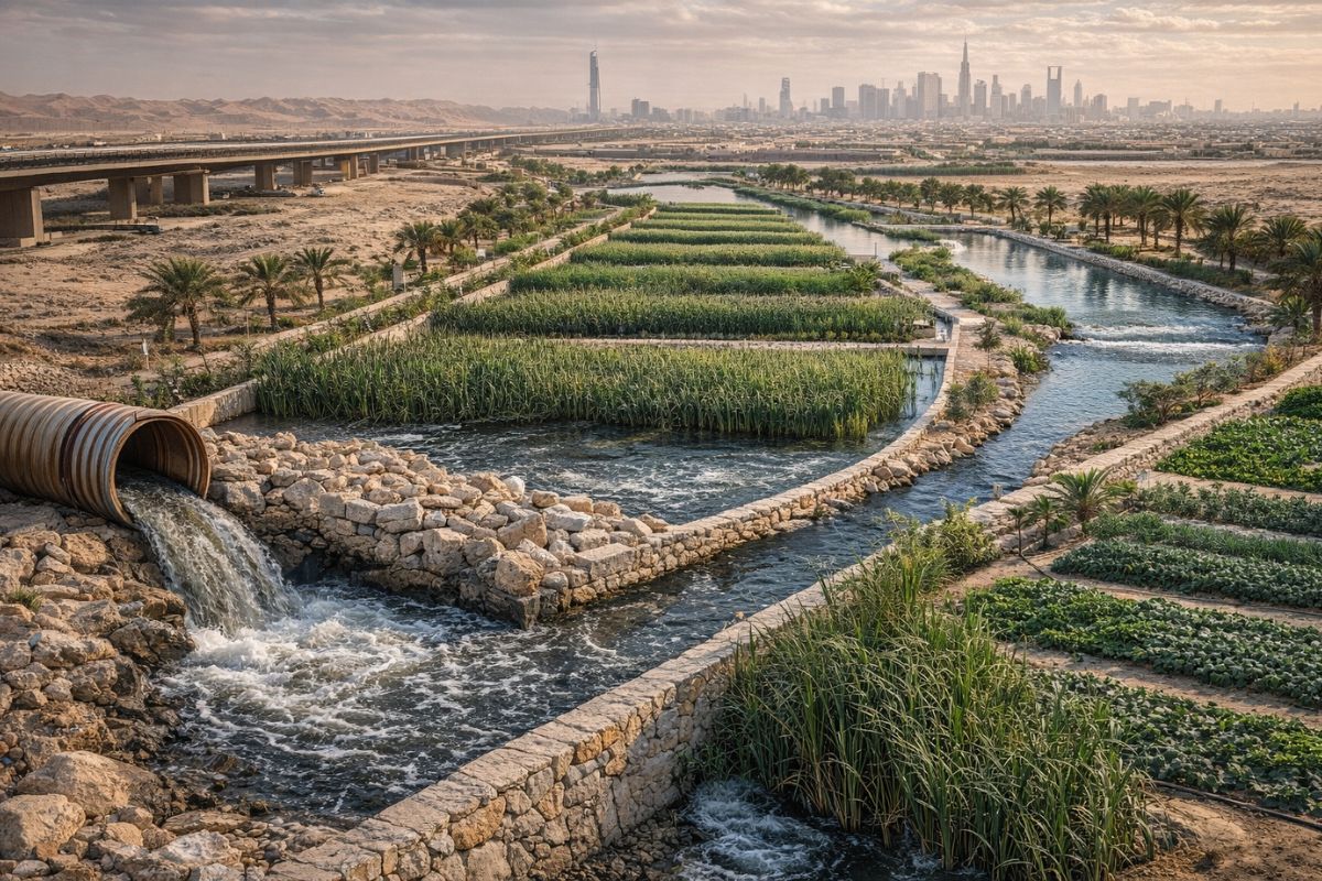 Megacidade no deserto em Riade usa biorremediação em Wadi Hanifa com zonas úmidas para tratar esgoto e devolver água à irrigação.