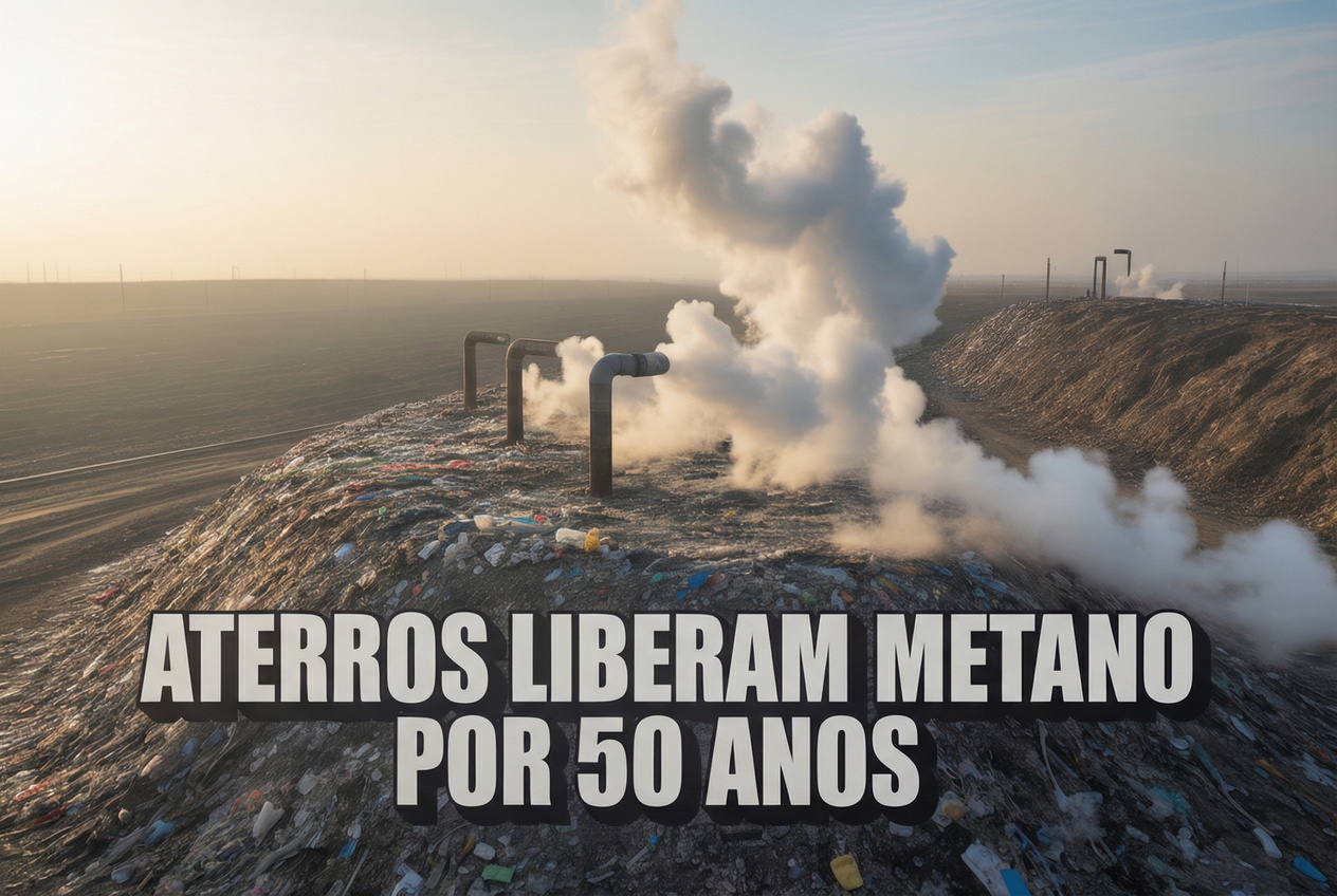 Mesmo após serem “fechados”, aterros sanitários seguem liberando metano por até 50 anos, transformando montanhas de lixo em fontes persistentes de gases de efeito estufa que já rivalizam com setores industriais inteiros
