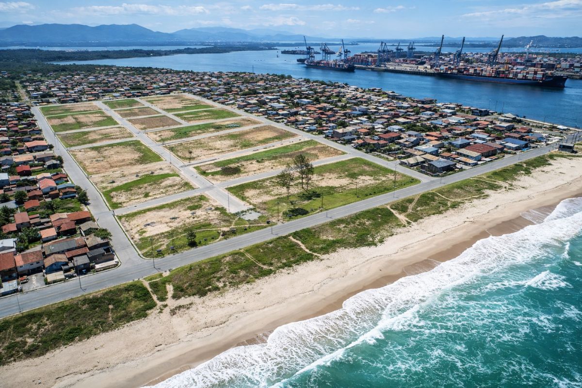 Na cidade mais azul do Brasil, Praia Grande lança terrenos a R$ 570 mil; o Porto de São Francisco do Sul e seus 17,5 milhões de toneladas em 2025 pressionam a orla e alimentam a disputa por moradia de frente para o mar.