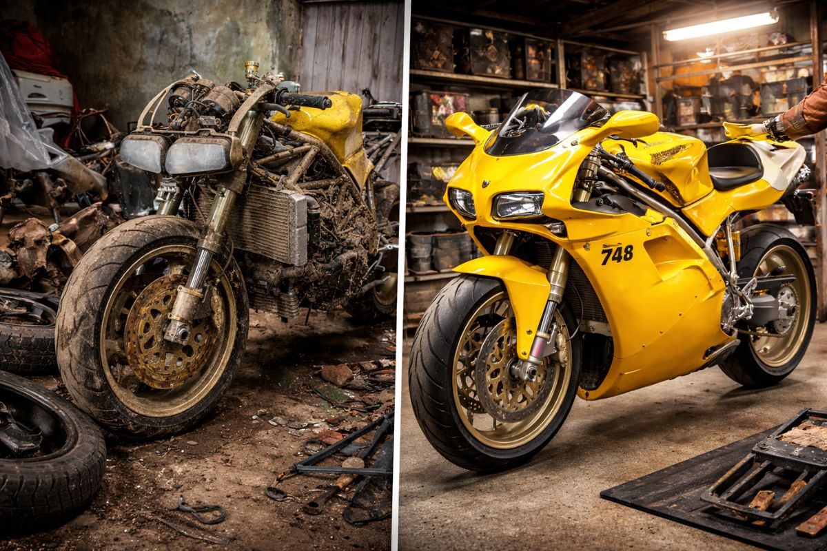 Moto esportiva rara Ducati 748 SPS sai do celeiro com mecânica e suspensão refeitas para voltar a roncar na pista.