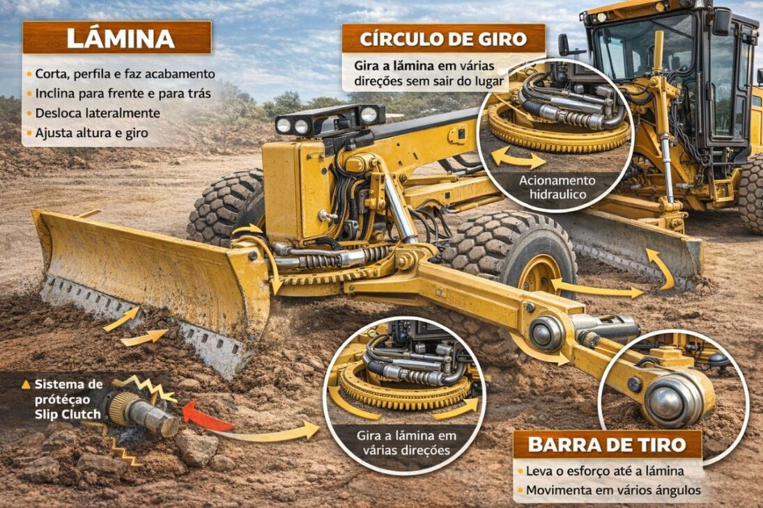 Cómo la motoniveladora usa chasis articulado, ruedas inclinadas y tandem trasero para dejar cualquier terreno realmente plano en obra o granja.