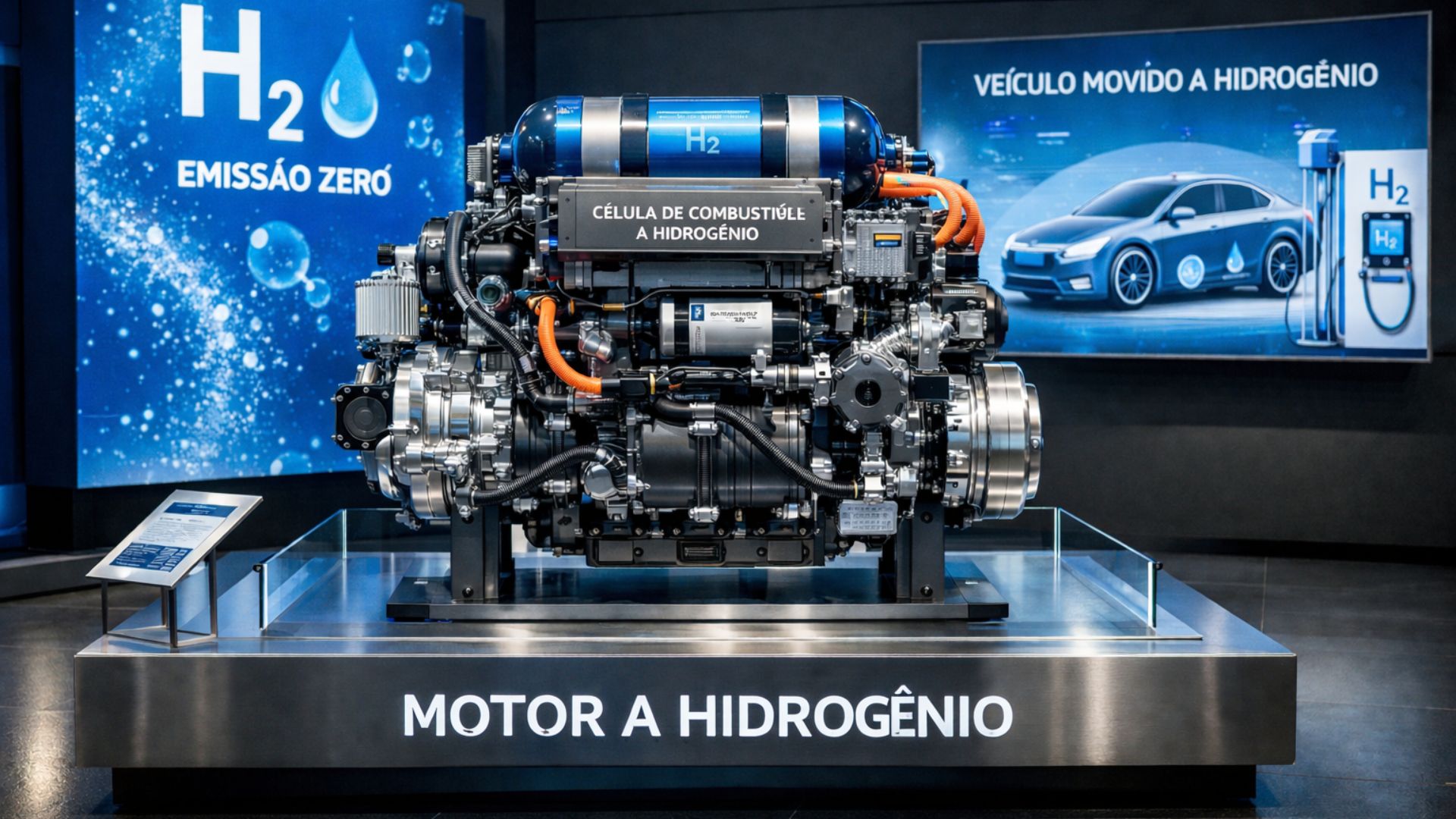 Motor a hidrogênio exposto em showroom tecnológico com tanque H2, célula de combustível visível e painéis informativos sobre emissão zero.