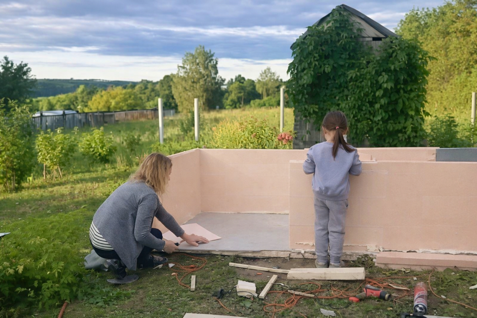 Mulher constrói casa sozinha, sem tijolo e sem concreto, apenas com blocos de espuma de poliestireno, gesso e reforço estrutural simples, resistente à chuva, sol intenso e umidade, desafiando métodos tradicionais da construção civil com solução leve e barata