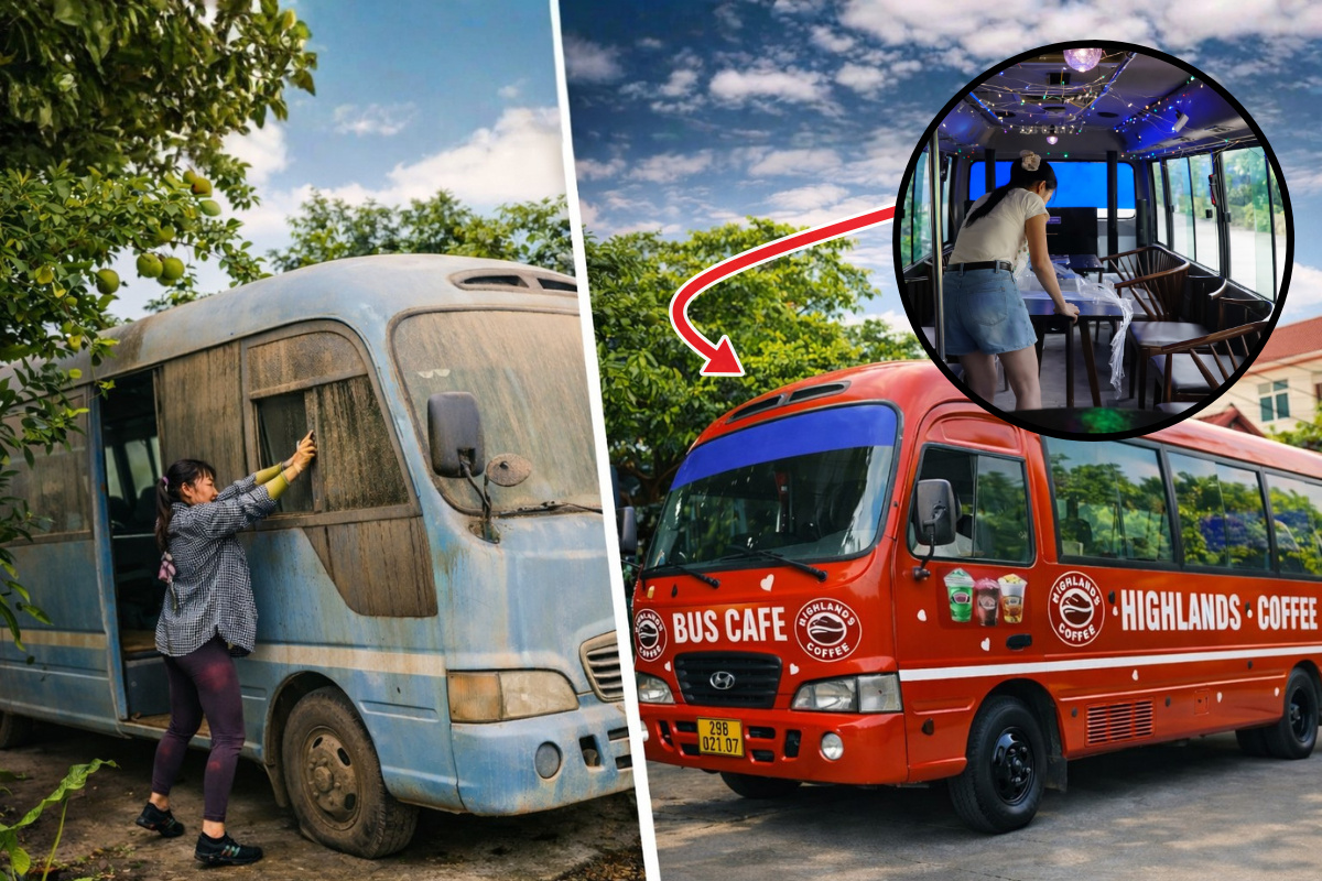 Mulher vietnamita impressiona ao transformar ônibus antigo Hyundai de 29 lugares em um café sobre rodas totalmente funcional, com limpeza pesada, revisão do motor, ajuste nas rodas, pintura completa, mesas, cadeiras e adesivos