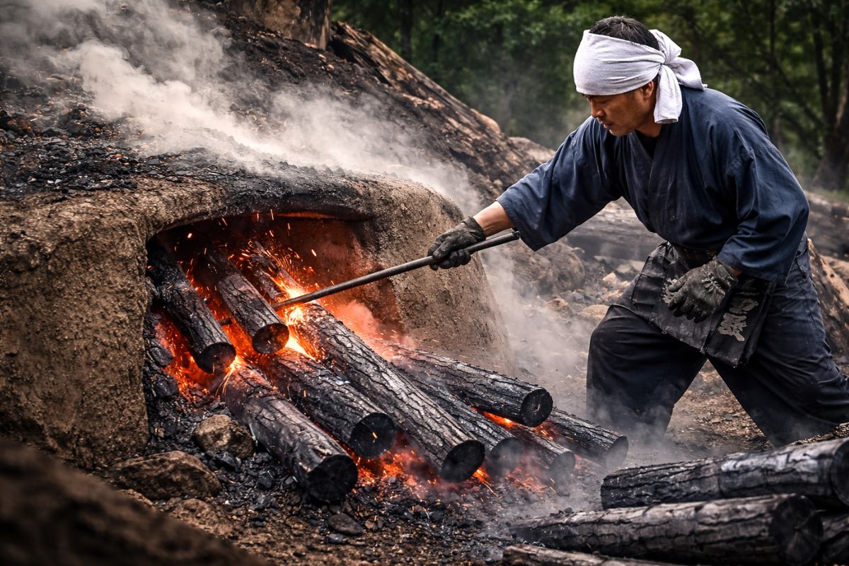 Carvão em Aichi revela como forno, madeira, temperatura e carbonização controlada por 7 dias definem qualidade, rendimento e fumaça, com resfriamento de 4 a 5 dias e classificação em 11 graus para uso culinário mais estável.