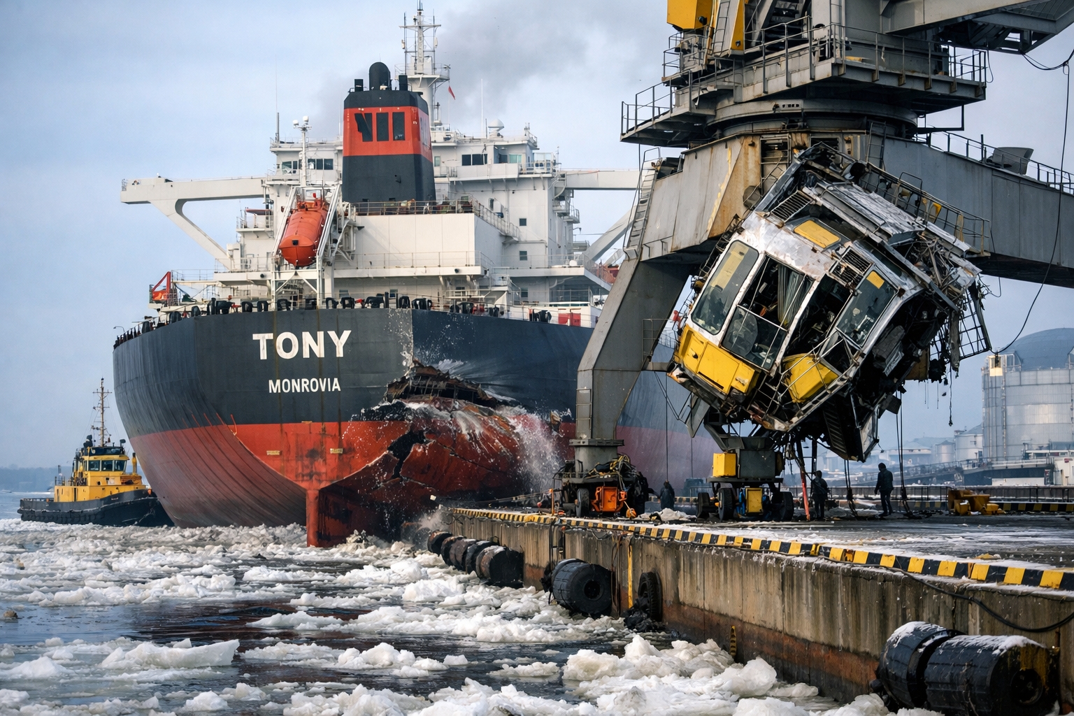 Navio petroleiro gigante de 162 mil toneladas choca na parede do cais durante manobra de atracação em porto, destrói cabine de guindaste e vira notícia internacional chamando atenção de autoridades e portuários