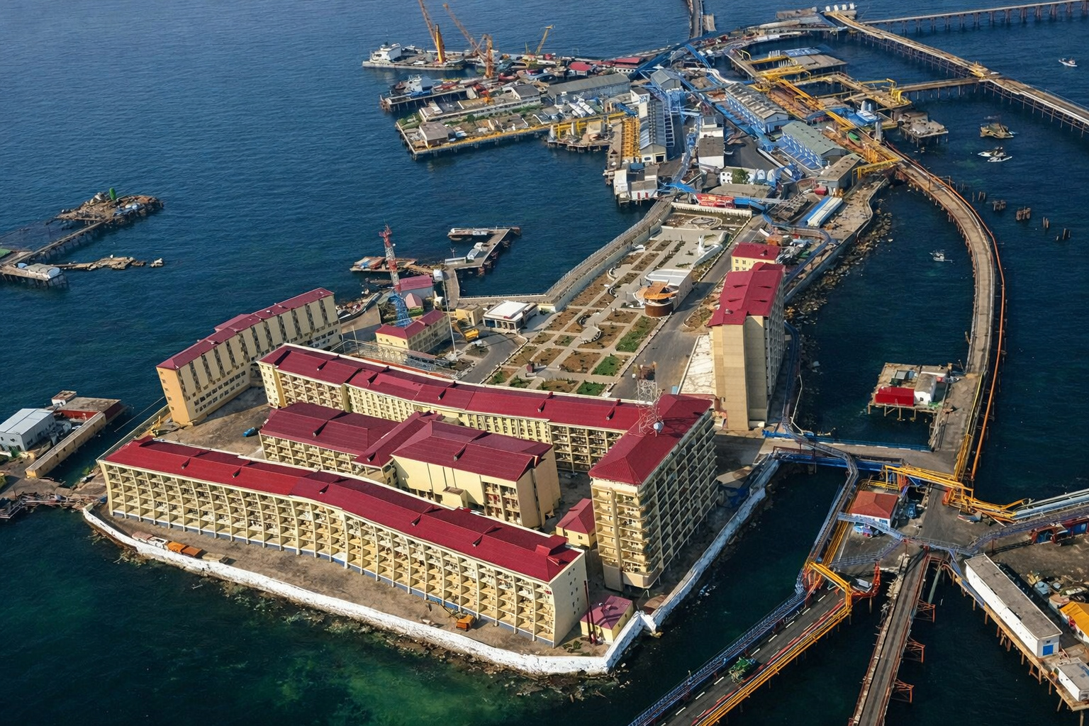Construida sobre plataformas de petróleo, esta ciudad en medio del mar tiene edificios, hospital y calles elevadas, alberga miles de trabajadores y ya produjo millones de toneladas de petróleo