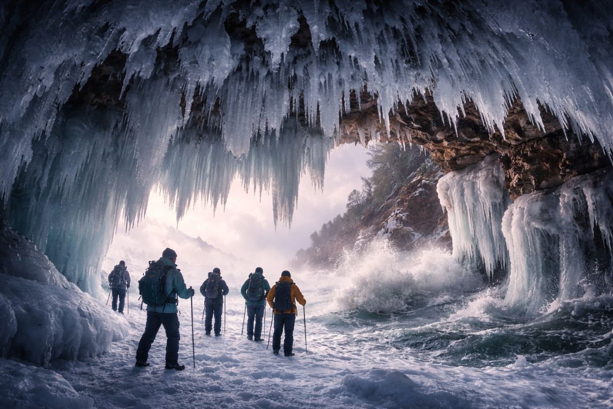 Em Wisconsin, o espetáculo mais raro do inverno no Lago Superior abre cavernas de gelo nas Apostle Islands; entenda o acesso, o custo e por que vento e onda podem fechar a rota rápido.