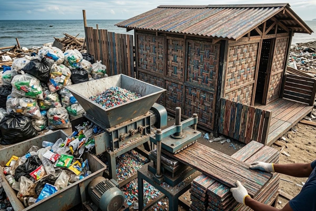 Nas Filipinas, lixo e plástico viram eco-madeira, reduzindo vazamentos em rio e praia e tirando resíduos do caminho do oceano.