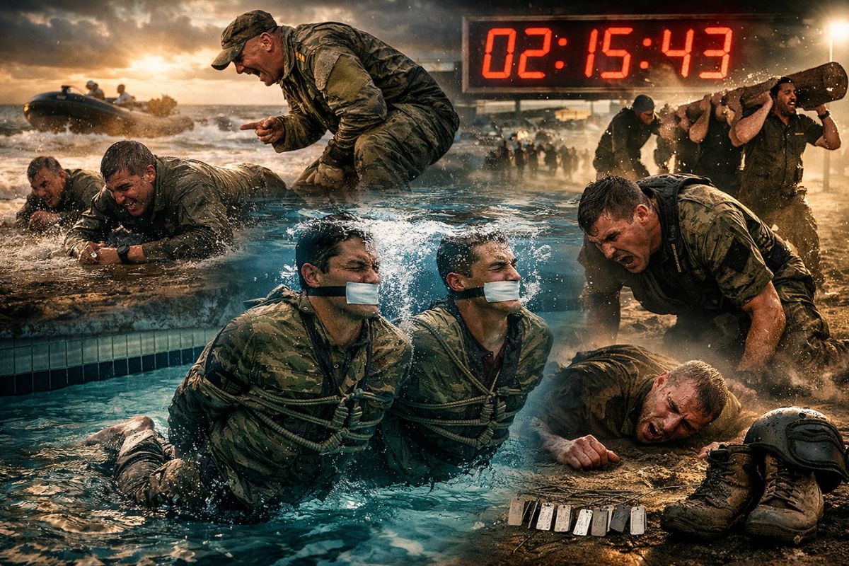 Navy SEAL em foco: a seleção que usa água gelada, piscina e amarras para testar controle sob pressão e explicar por que tantos desistem antes do fim do ciclo.